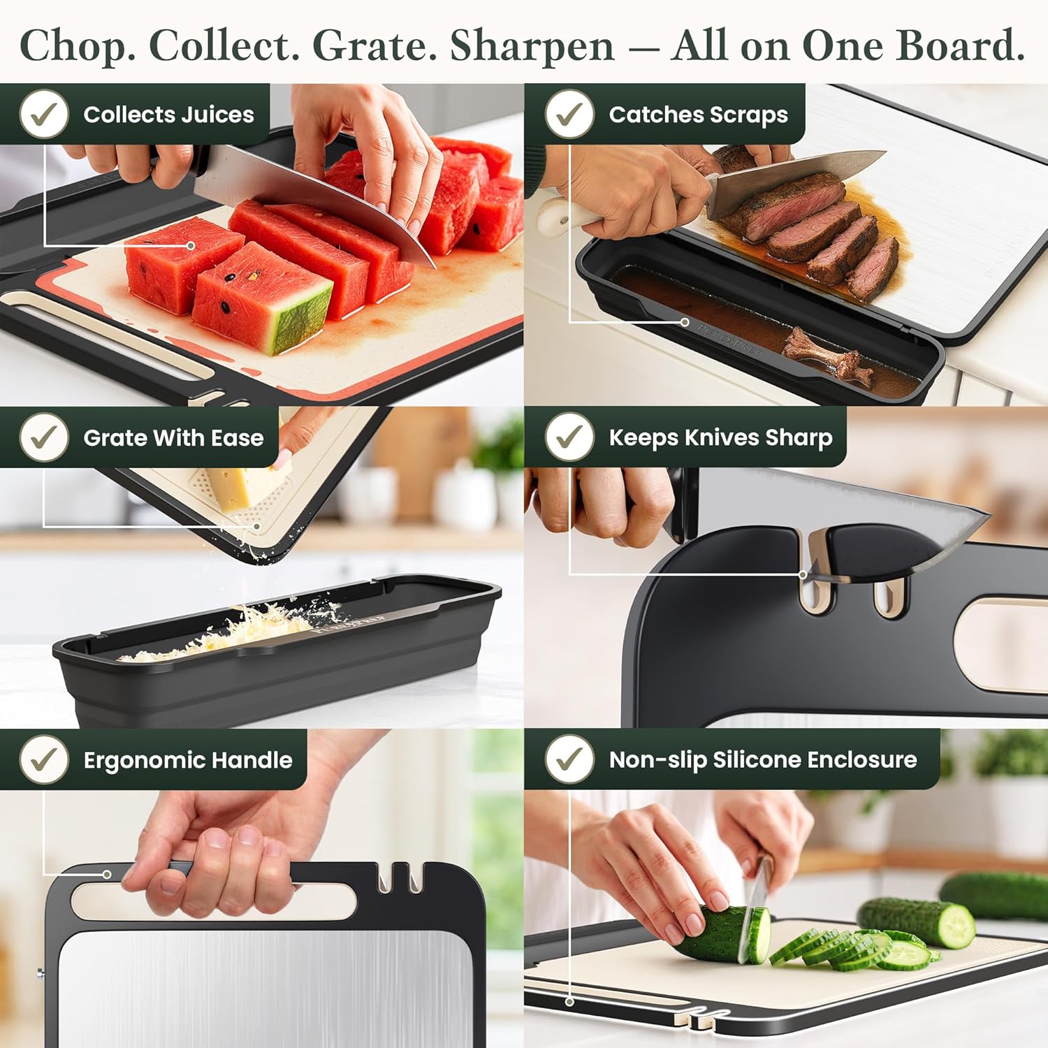 PURE-PREP Titanium Cutting Boards for Kitchen - Double Sided Cutting Board Pure Titanium/Wheat Straw PP with Collapsible Catch, Grater and Knife Sharpener - Metal Chopping Board Large 16” x 11” - Image 5