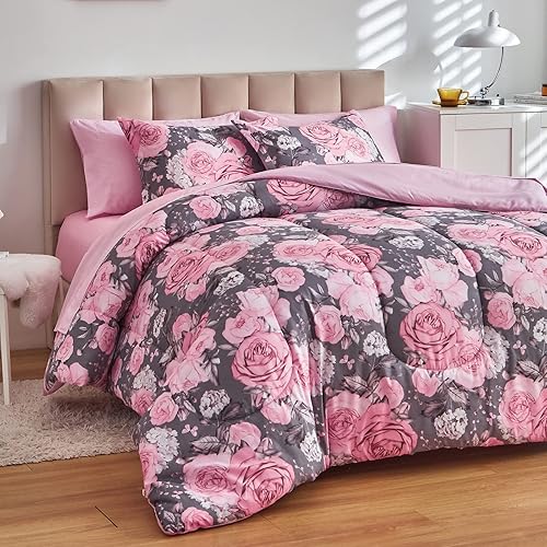 Miniatura 10 de Juego de sábanas de edredón de flores, color gris, cama en una bolsa, juego de ropa de cama reversible de 7 piezas tamaño King de microfibra floral