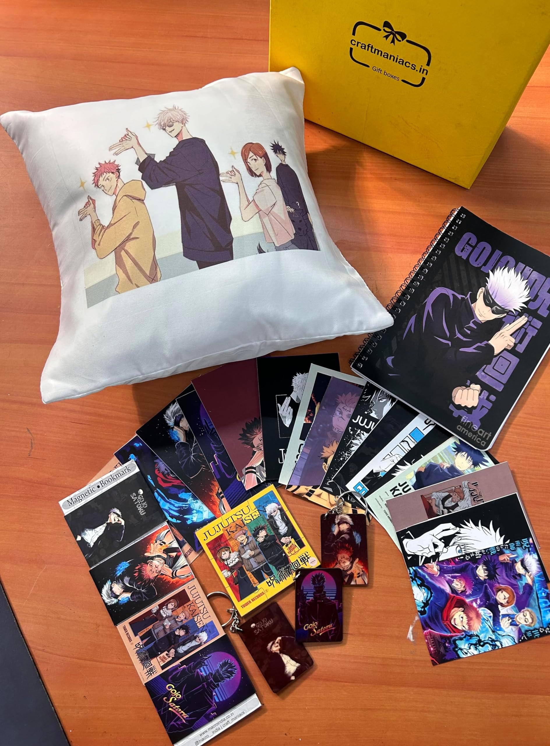 CRAFT MANIACS Jujutsu Kaisen Collage Gojo Saturo Art 16 * 16 Pillow Combo Set : One Pillow, One Spiral Diary, Magnetic Bookmark Set, One Wooden Puzzle, Set of 16 Lomo Cards & 3 Keychains