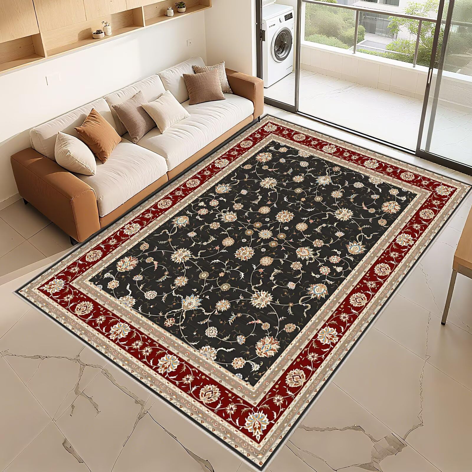 Anti Rutsch Teppich Bettvorleger Schwarz 190x270cm, Weicher Großer Rote Retro Blumen Muster für Büro Korridor