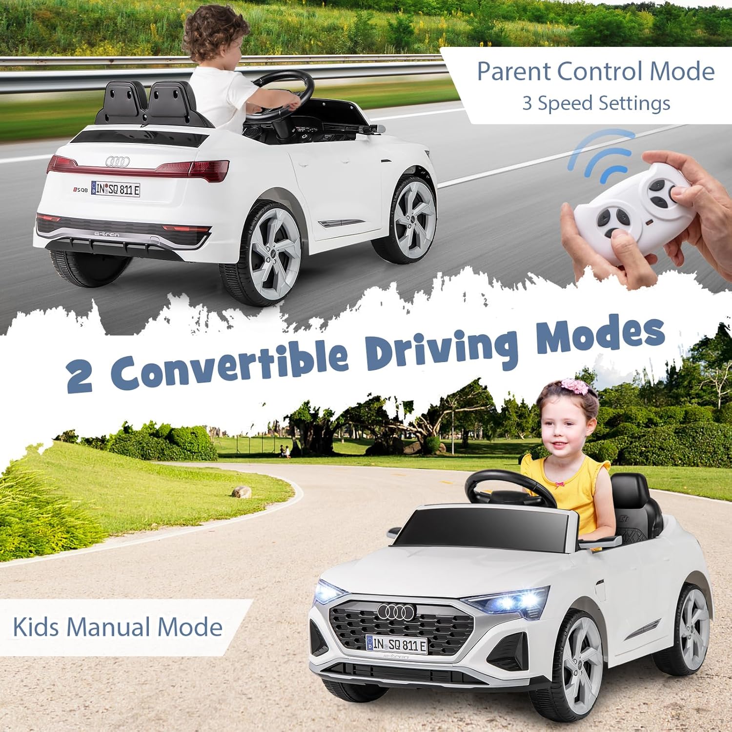 Costzon 12V Kids Ride on Car Licensed Audi SQ8, Remote Control Ride on Toy, Battery Powered Electric Vehicle with Spring Suspension, Music & 3 Speeds, Horn, LED Lights, Gift for Boys Girls 3+ (White)