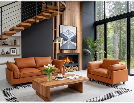 Modular Leather Sectional Couch Oversized Modular Sectional Sofa for Living Room, Scratch Resistant with Down-Filled Back Cushions Removable Washable Covers2+1 Seats Brown