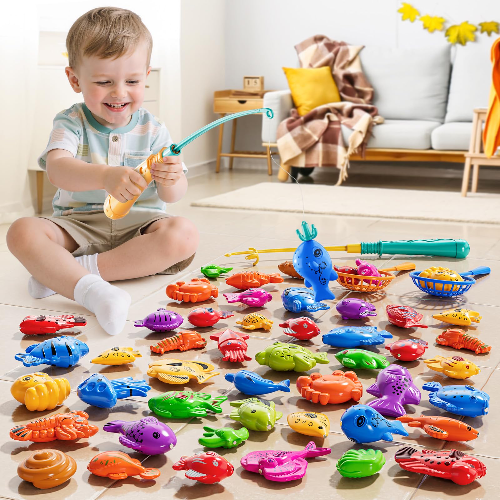 DULONIME Magnet Fishing Game for Kids 3-5 4-8, Fish Toys for Kids 3-5, Bathtub Floating Toy Fishing Pole and Rod Net - Image 2