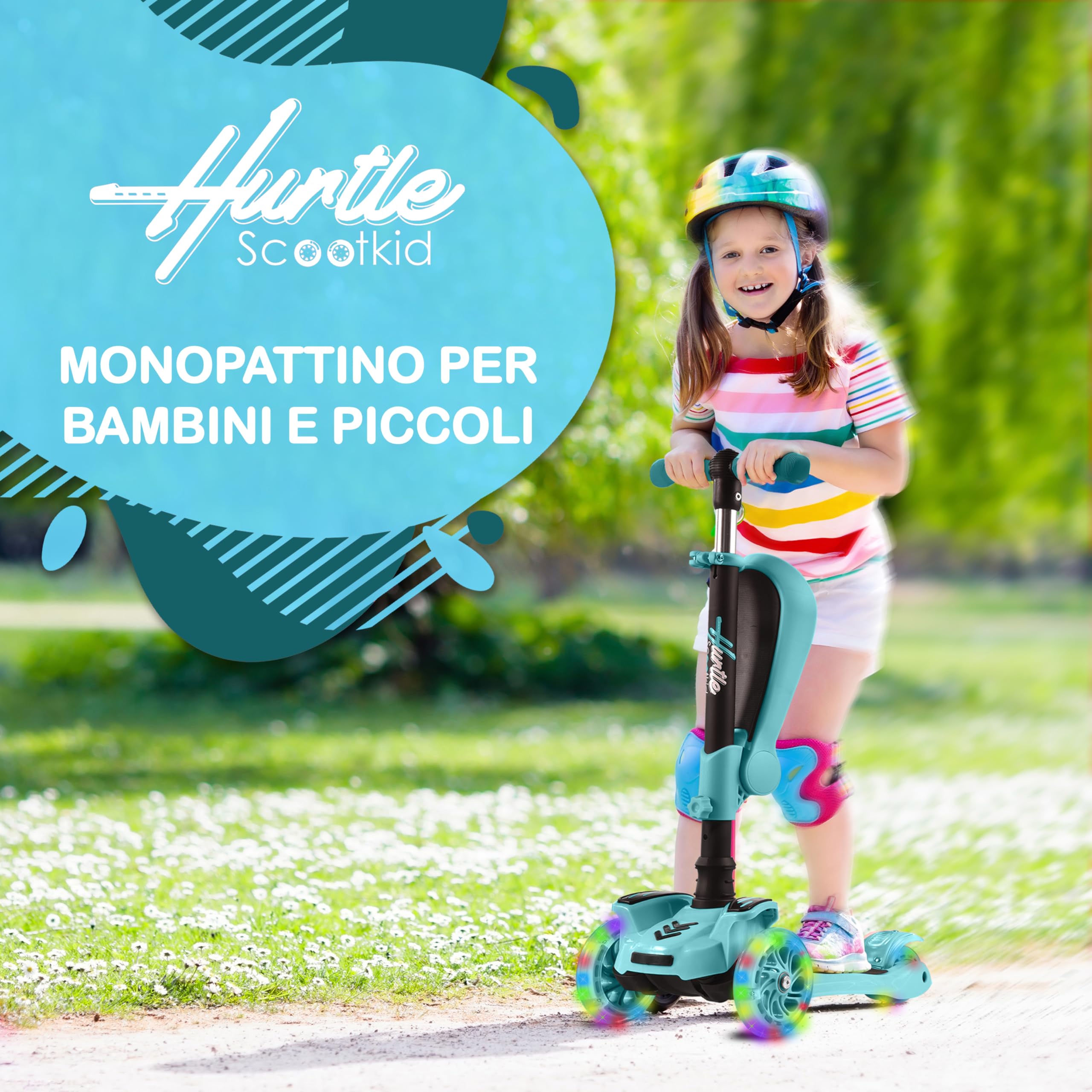 Hurtle Monopattino Bambino, Monopattino Bambina, Monopattino a 3 Ruote, Regolabile in Altezza con Sedile Pieghevole, Scooter per Bambini e Bambine con Ruote LED Multicolore, Dai 1 ai 14 Anni