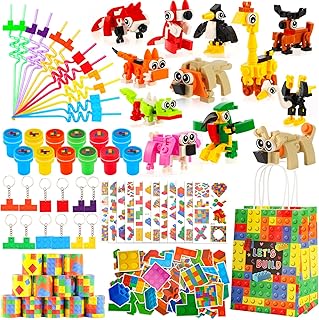 134 Pcs Building Blocks Party Favors with Reusable Drinking Straws Animal Building Blocks Slap Bracelets Keychains Stamps Stickers and Gift Bags Gamer Birthday Party Supplies (Building)