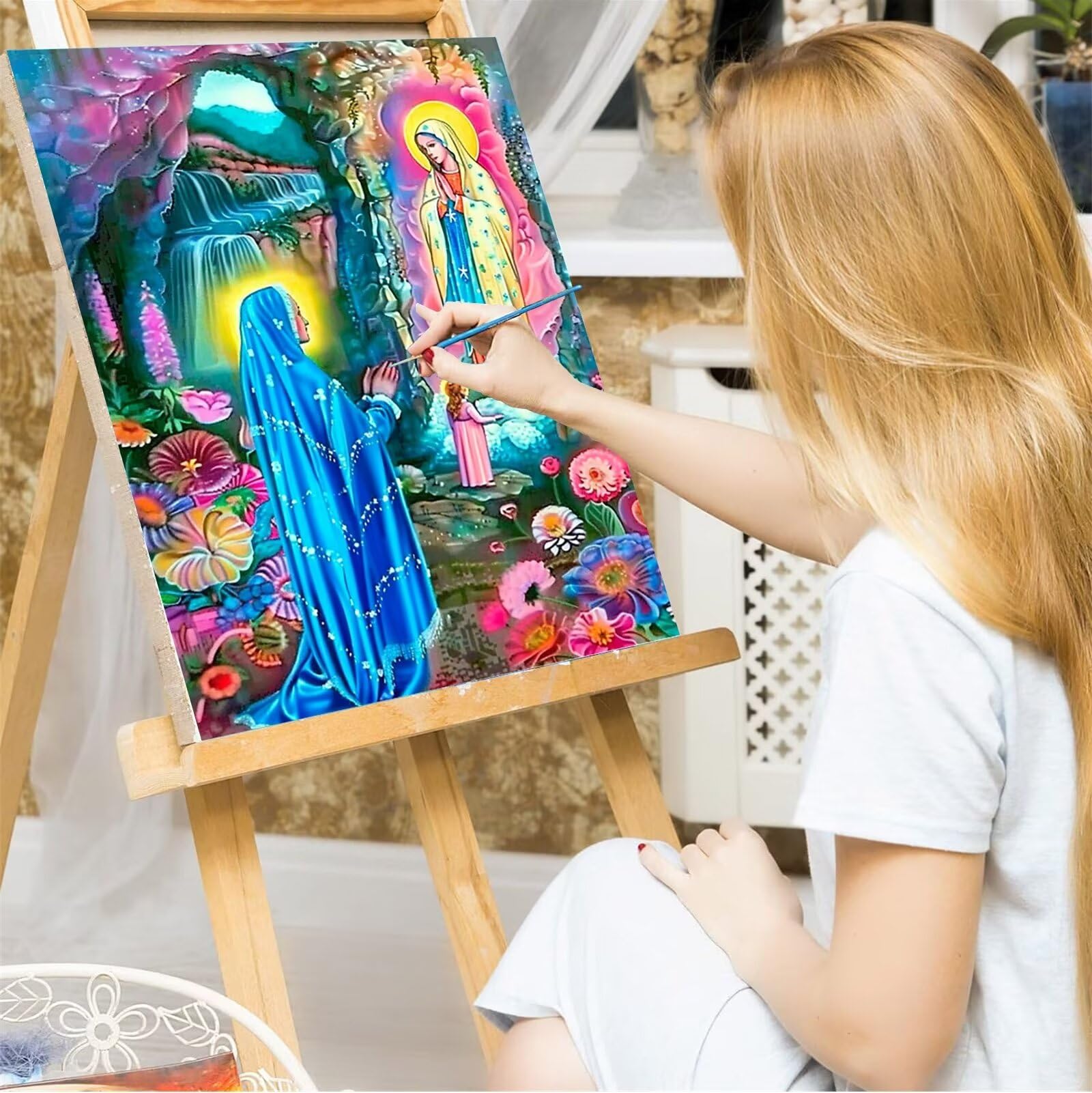 Peepezo Einhorn Malen Nach Zahlen ab 5 6 7 Jahre Mädchen Süßes JungfrauMalen Nach Zahlen für Kinder ab 7 Jahren Acrylfarben mit als Geschenk,Mittel Grotte 60x80cm (mit Rahmen)