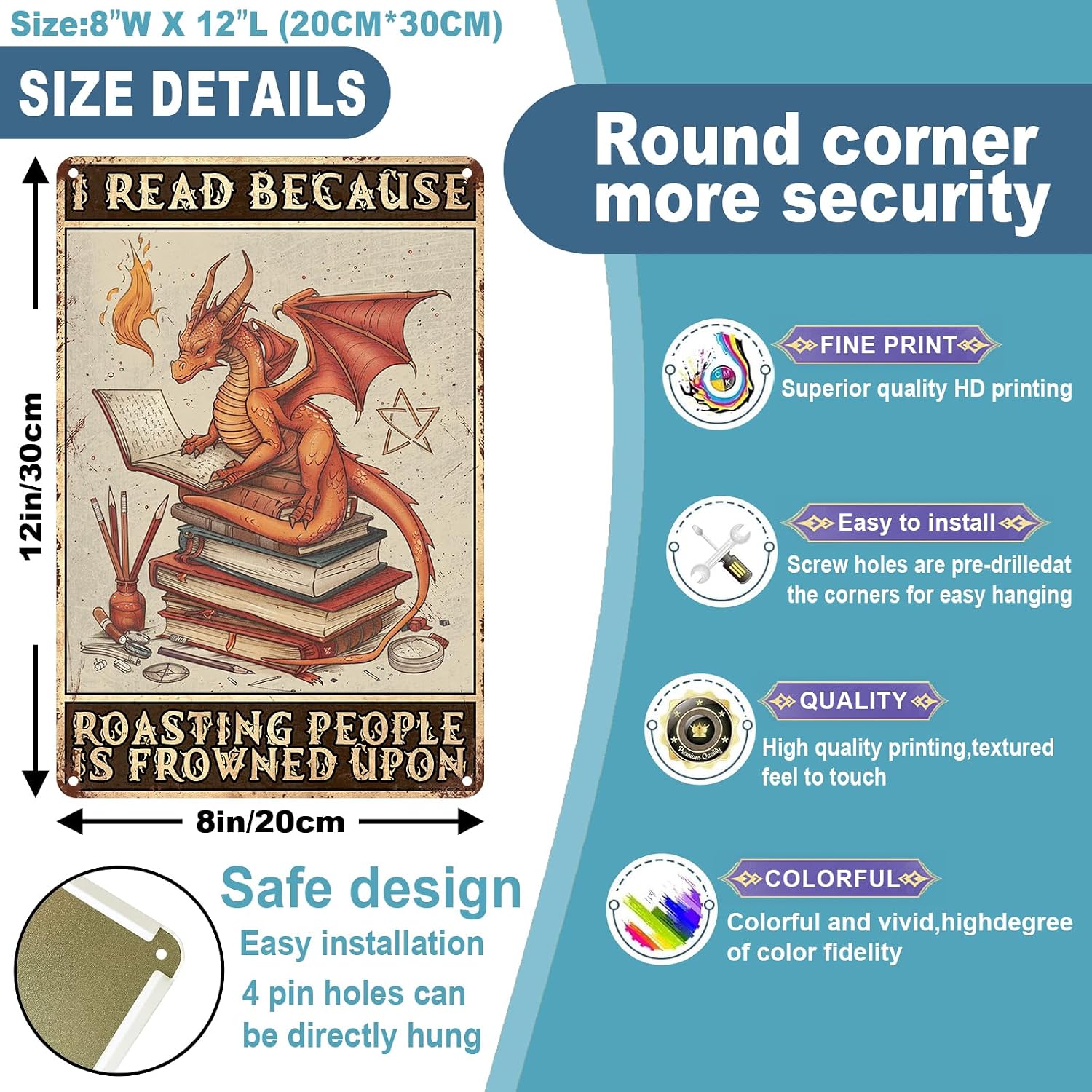Funny Dragon Metal Sign I Read Because Roasting People Is Frowned Upon Sign for Home Cafe Bedroom Library Wall Decor wall bar room 8x12 inch image 3