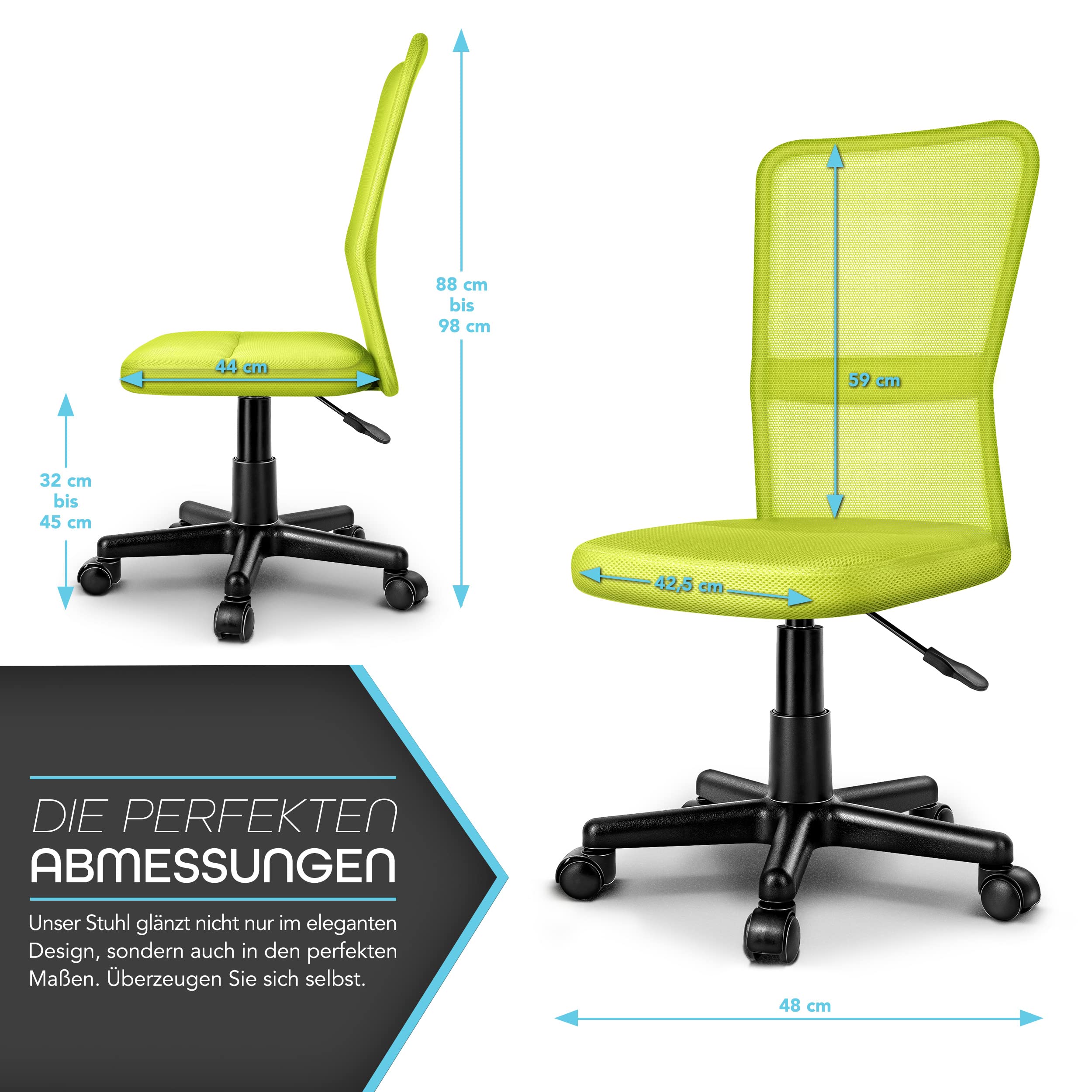 TRESKO Bürostuhl Schreibtischstuhl Drehstuhl, mit Kunststoff-Leichtlaufrollen, stufenlos höhenverstellbar, gepolsterte Sitzfläche, ergonomische Passform, Lift SGS-geprüft (Hellgrün)