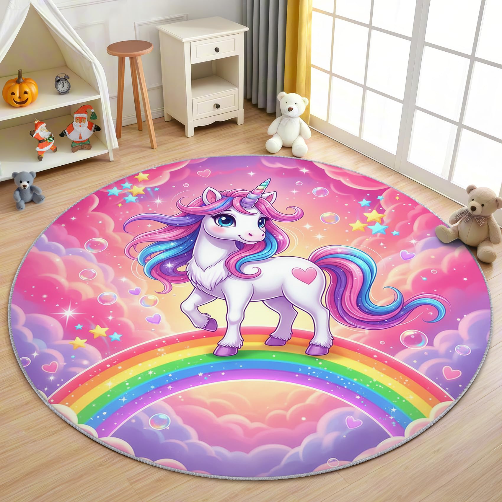 Einhorn Mädchen Teppich Rund 120cm Kurzflor - Waschbare Teppiche Wohnzimmer Rosa Einhorn Motiv Regenbogen Wolken - Runder Teppich 120 Durchmesser - Bettvorleger Schlafzimmer rutschfest