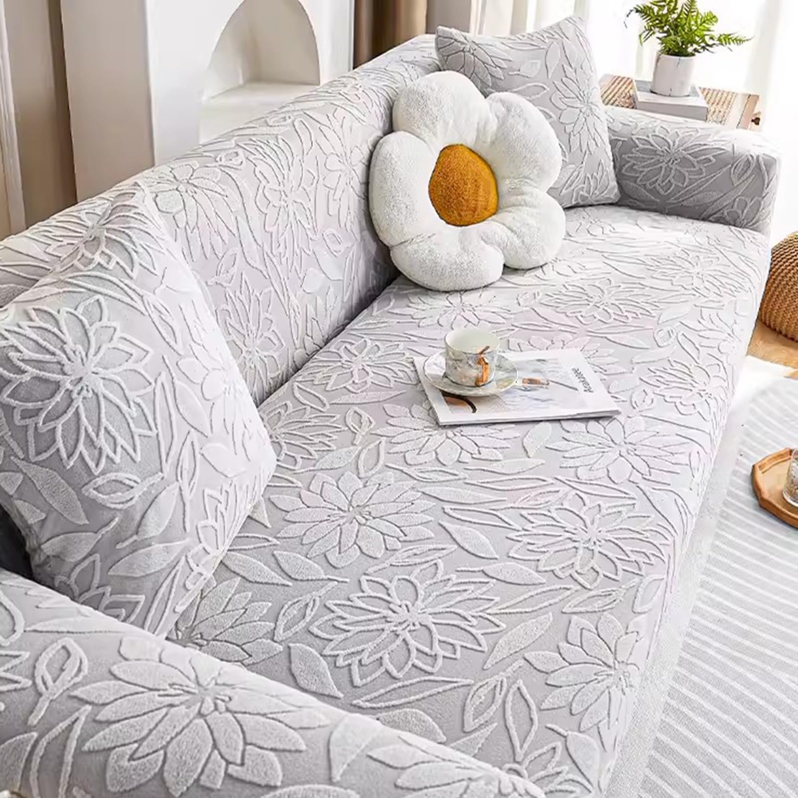 Housse de canapé extensible gris clair au tissage premium anti-poussière