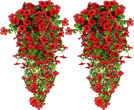 HBell 4Pcs Artificial Hanging Flowers,UV-Resistant Fake Hanging Plants Flower Bouquet Hanging Vine Plants Drooping Plants for Wall Home Garden Yard Patio Wedding Indoor Outdoor Decoration Red