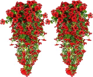 HBell 4Pcs Artificial Hanging Flowers, UV Resistant Fake Plants Flower Bouquet for Wall Home Garden Yard Patio Wedding - Indoor Outdoor