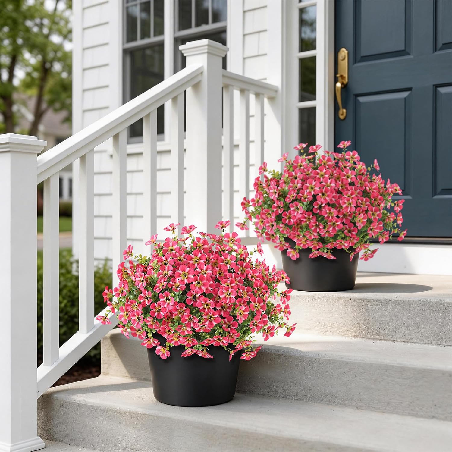 2 set of artificial morning glory & eucalyptus topiary trees - faux silk flower potted plants, uv-resistant fake outdoor morning glory bushes for front door, yard, farmhouse, garden decor (rose red)