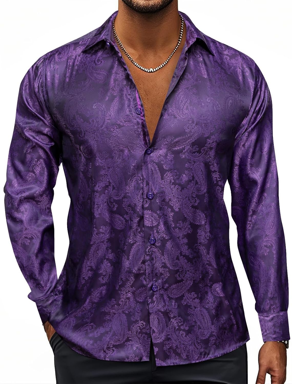 Hi-Tie Men's Wrinkle Free Inner Contrast Jacquard Long Sleeve Button Down Shirt