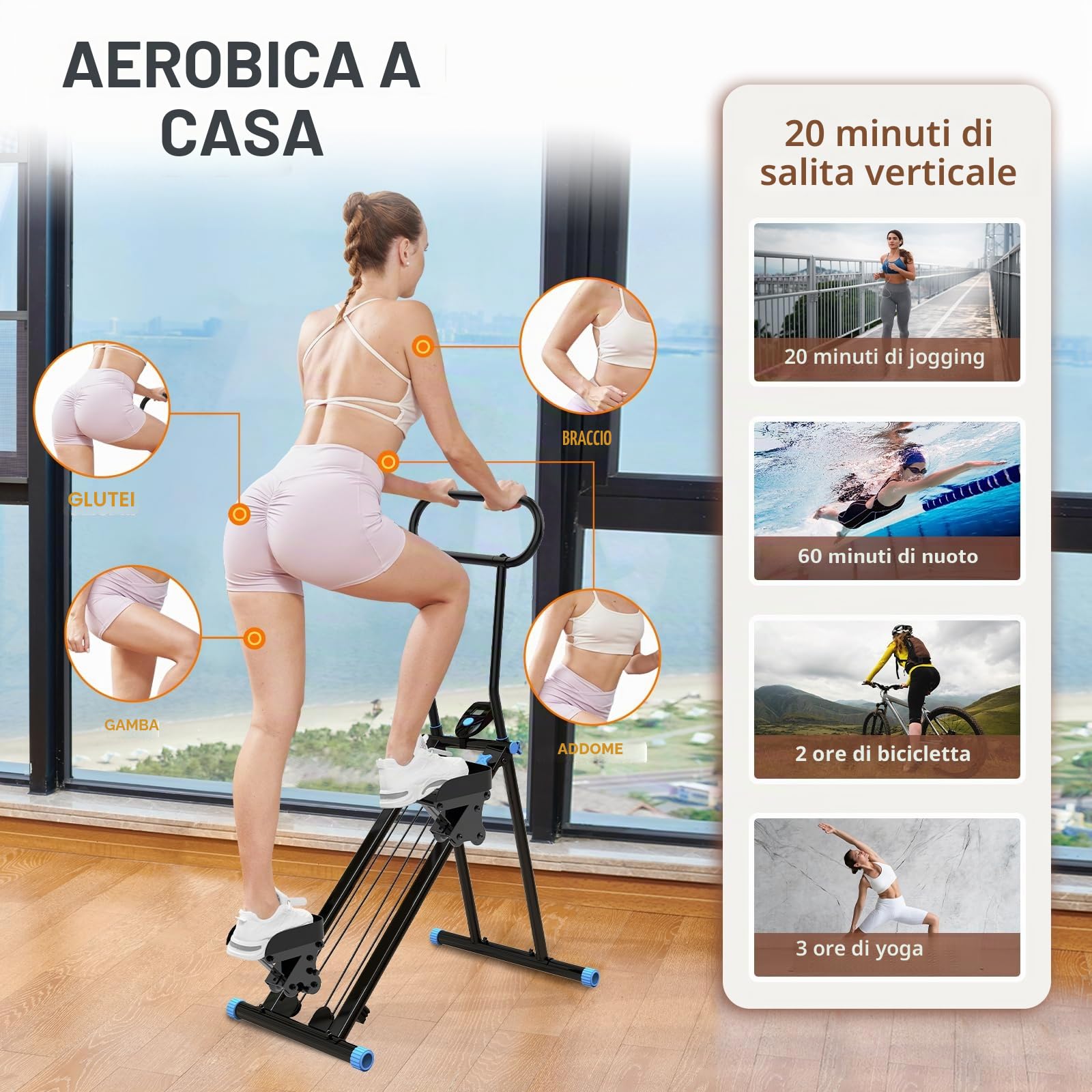 HXD-ERGO Vertical Climbing Machine, Stepper Pedale Portatile Pieghevole, Cross Trainer con Display LCD per Strumenti, Allenamento a Casa, Palestra, Manubrio Regolabile
