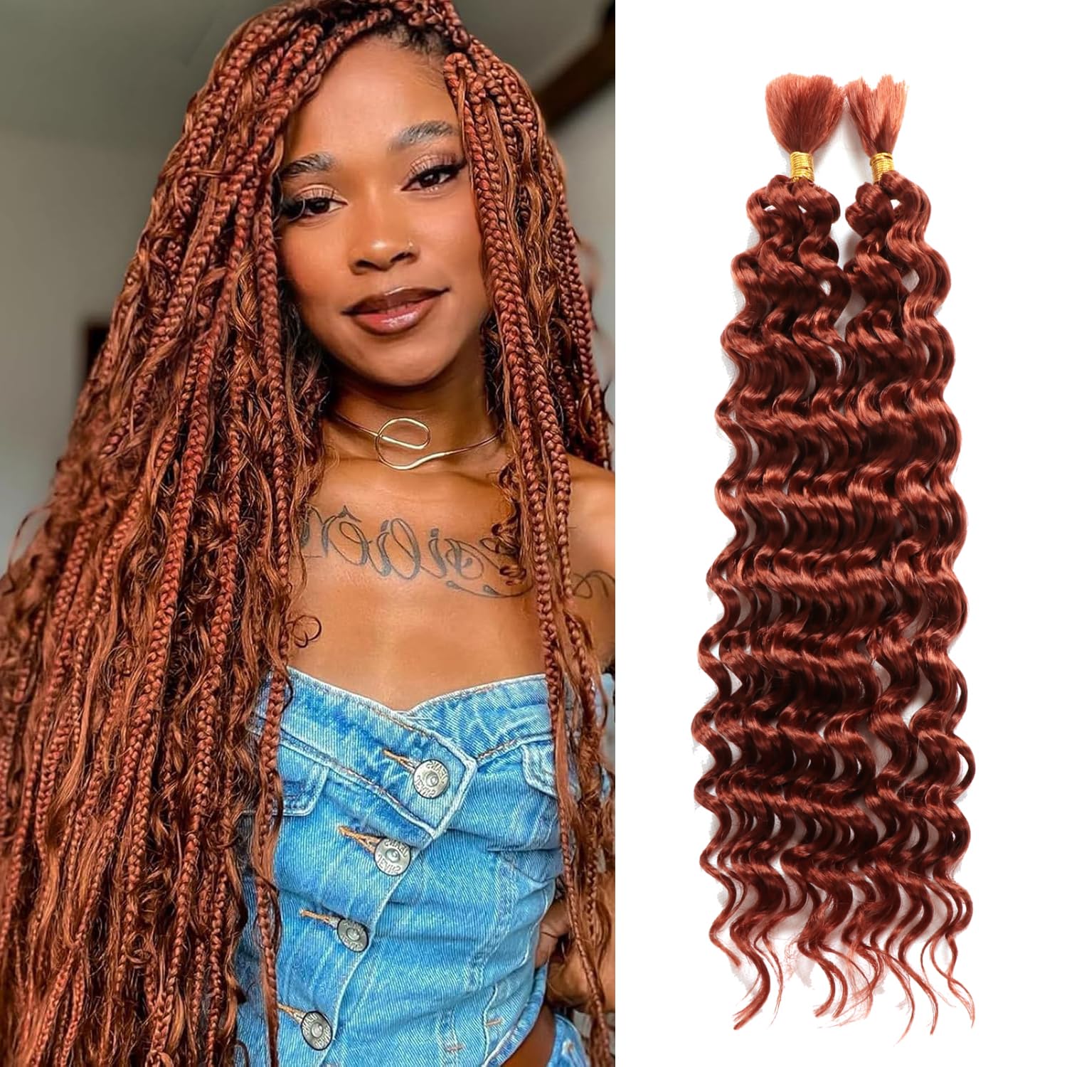 Curly Braiding Hair for Boho Braids 2 Bundles 100g Synthetic Deep Wave Bulk No Weft Wet and Wavy Crochet Hair for Women Knotless Braids Hair Extensions (350#