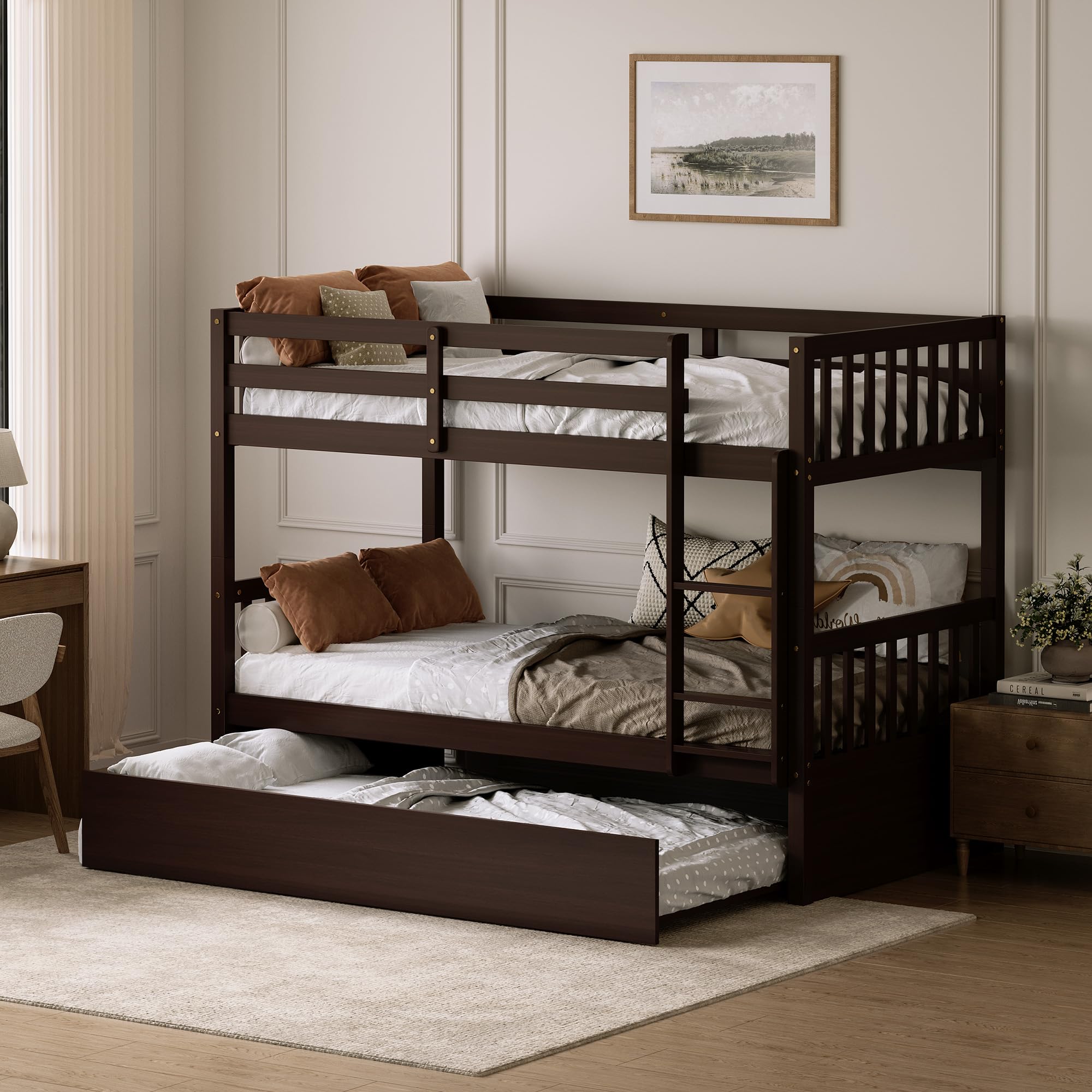 WIILAYOK Full over Full Pine Bunk Bed with Trundle in Brown
