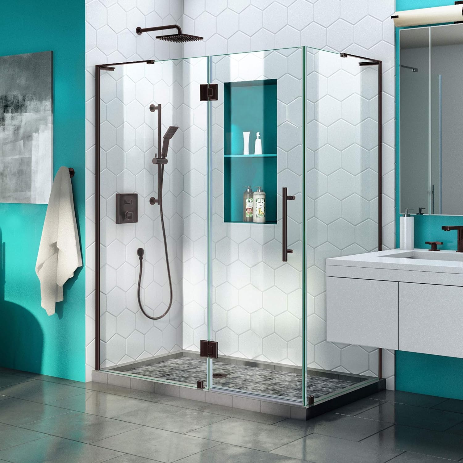 DreamLine Quatra Plus 34 in. D x 58 in. W x 72 in. H Frameless Hinged Shower Enclosure in Oil Rubbed Bronze, SHEN-1434580-06