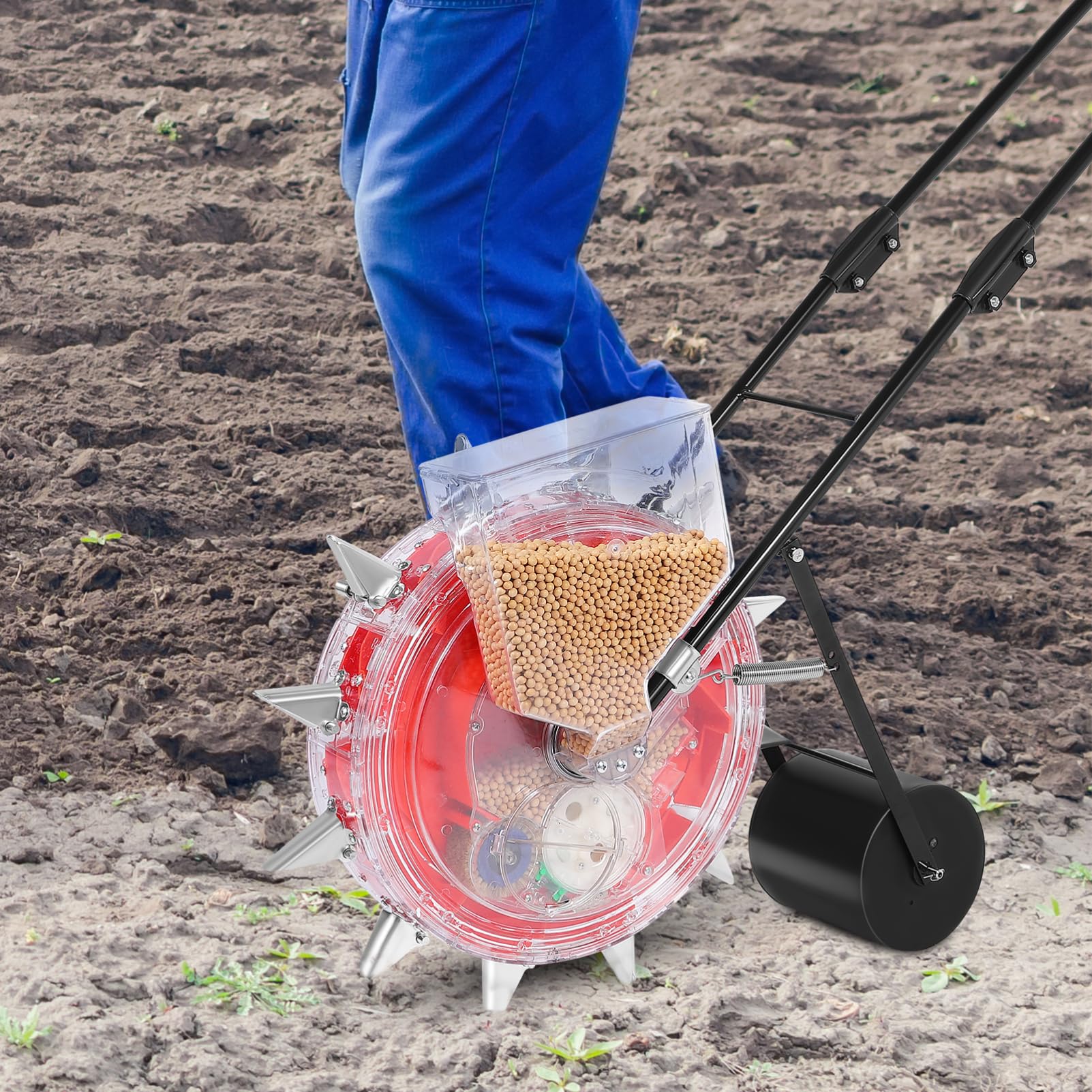 Hemobllo Sembradora Manual Rodillo de Plantación Rojo de Hierro y Plástico | Dosificador de Semillas y Fertilizante, Tecnología de Rodillo Cuantitativo, Uso Agrícola y Jardinería