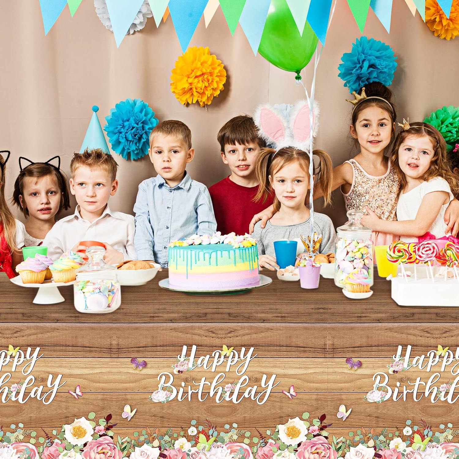 Tiamon 3 Pcs Floral Happy Birthday Tablecloths Cute Butterfly Wood Grain Table Cover Flower Birthday Disposable Tablecover Butterfly Floral Party Decor for Girls Party Supplies, 54 x 108 Inch