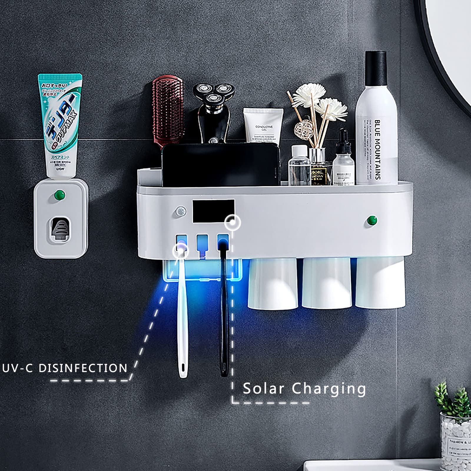 Porta Spazzolino Elettrico, Porta Spazzolino Parete, Porta Testine Spazzolino Elettrico, Sterilizzatore UV per 3 Fessure per Spazzolini Multifunzione Ricaricabile Solare Bianco