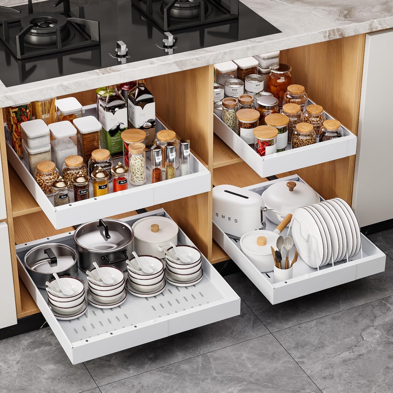 OneDream 4 Pack Pull Out Cabinet Organizer, 21" Deep Slide Out Drawers for Kitchen Cabinets, No Drill Adhesive Pull Out Drawers for Cabinets, Roll Out Shelves Adjustable Width 12.05"-20.4"