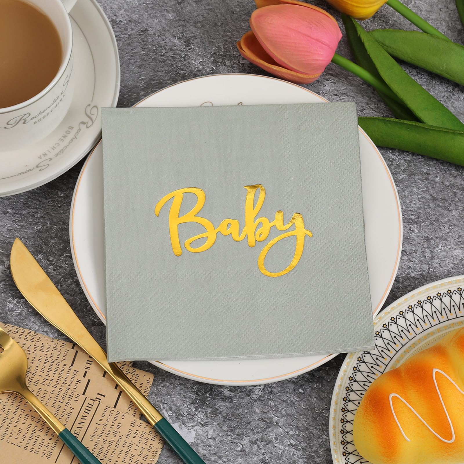Servietten Grau Gold Happy Birthday Servietten Hochzeit Kindergeburtstag Cocktailservietten Party Geburtstagsservietten Servierten Disposable Napkins Pack of 20(33x33cm)