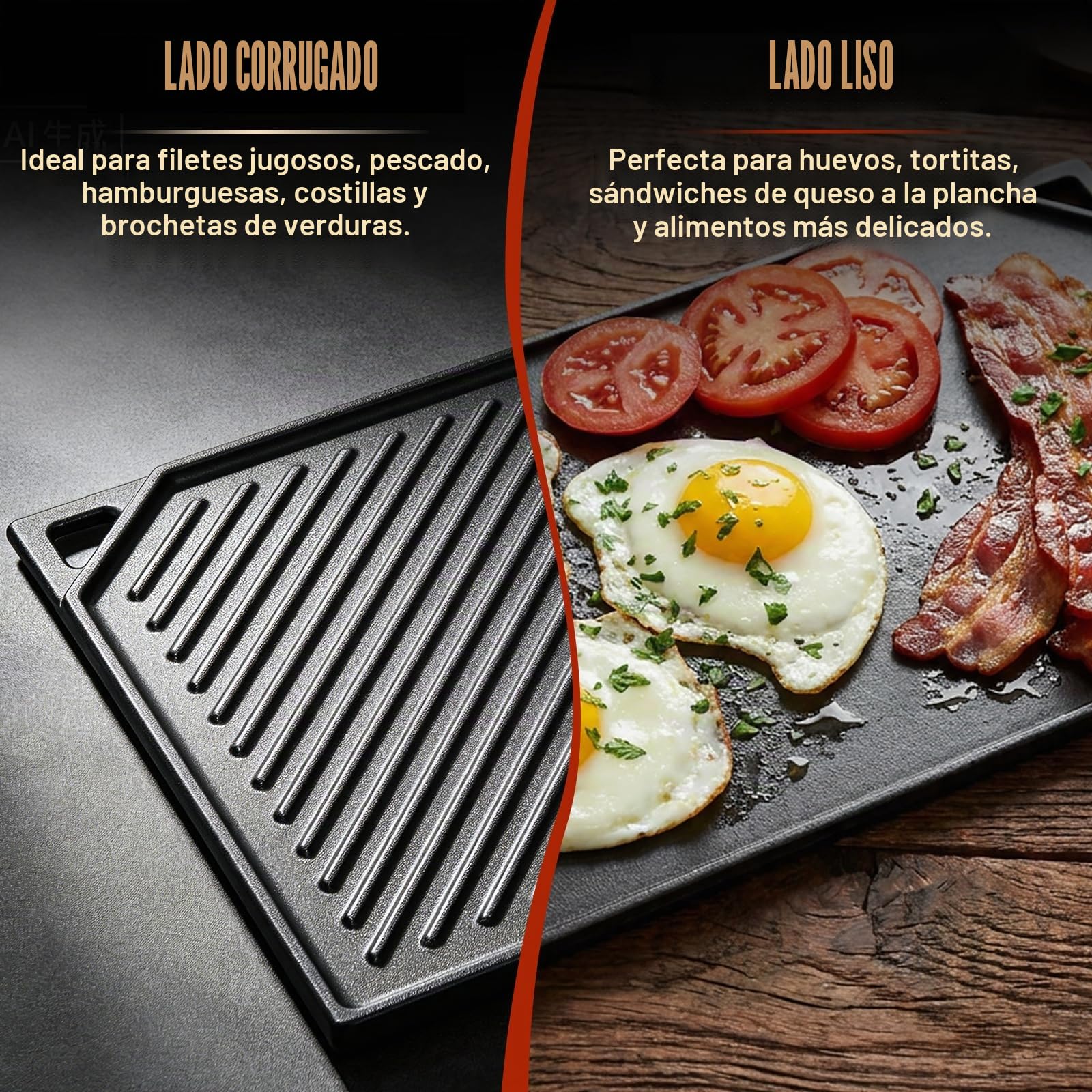 Denmay Plancha de hierro fundido 42 x 24 cm, antiadherente reversible para parrilla de gas, placa de hierro fundido para estufa de gas, horno, barbacoa al aire libre o hoguera, 1 unidad