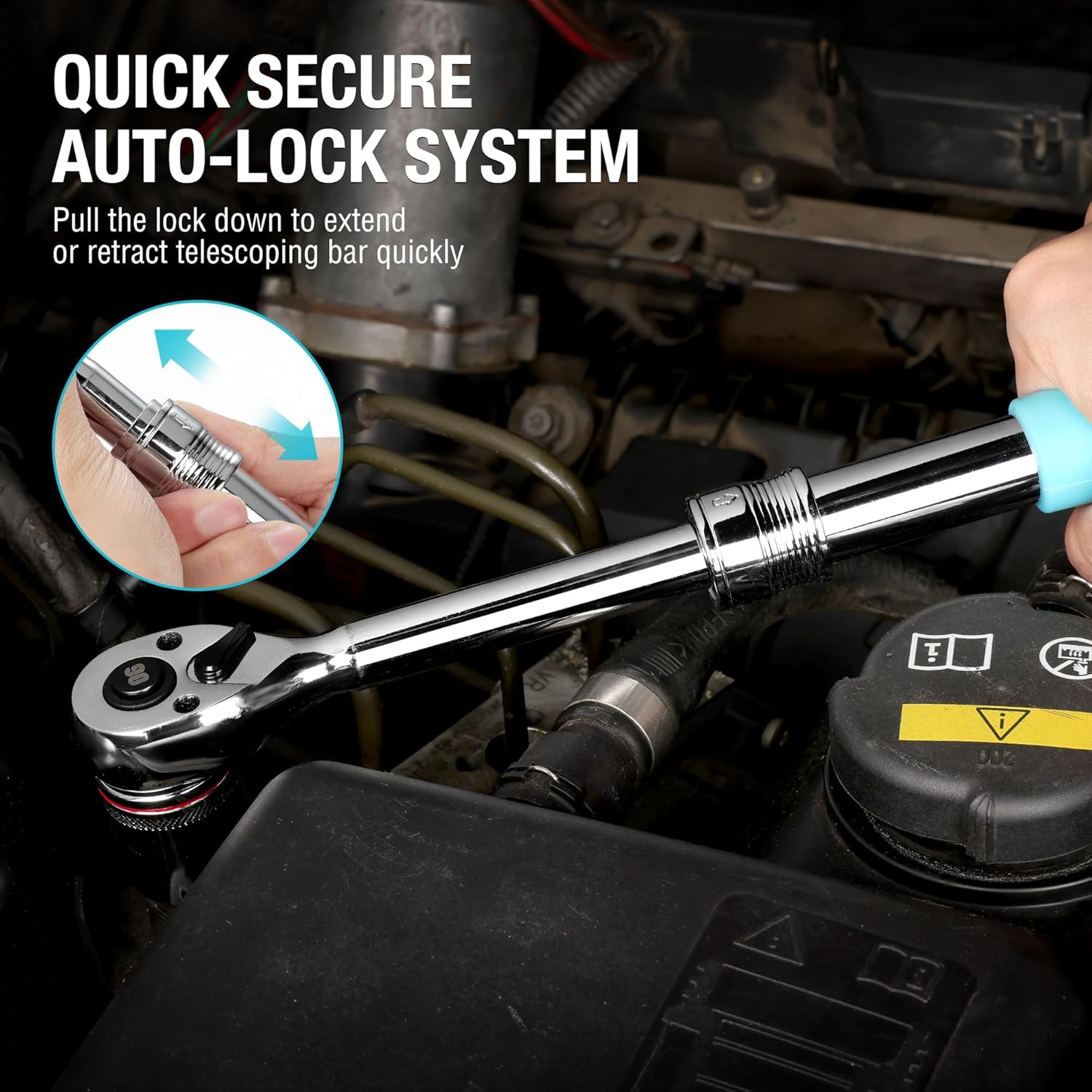 DURATECH 3/8-Inch Drive Extendable Ratchet, 90-Tooth Quick-release Ratchet Wrench with Cushion Handle & Telsecoping Locking Shaft(4 Length Adjustment: 8-1/2" to 12-2/5"), Reversible, Chrome Alloy Made