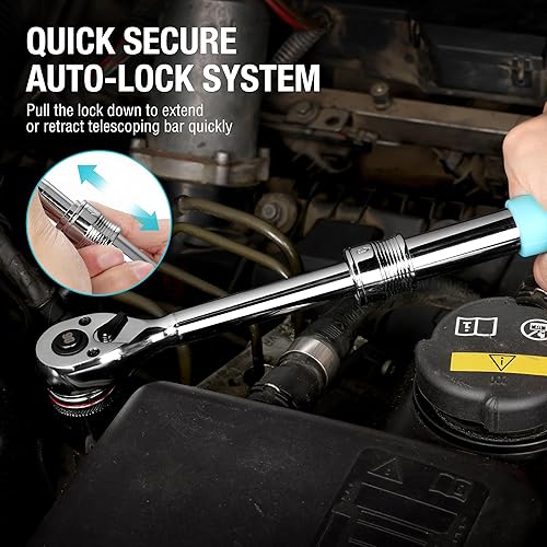 Miniatura 8 de DURATECH Trinquete extensible de 38 pulgadas, llave de trinquete de liberación rápida de 90 dientes con mango de cojín y eje de bloqueo telsecopio