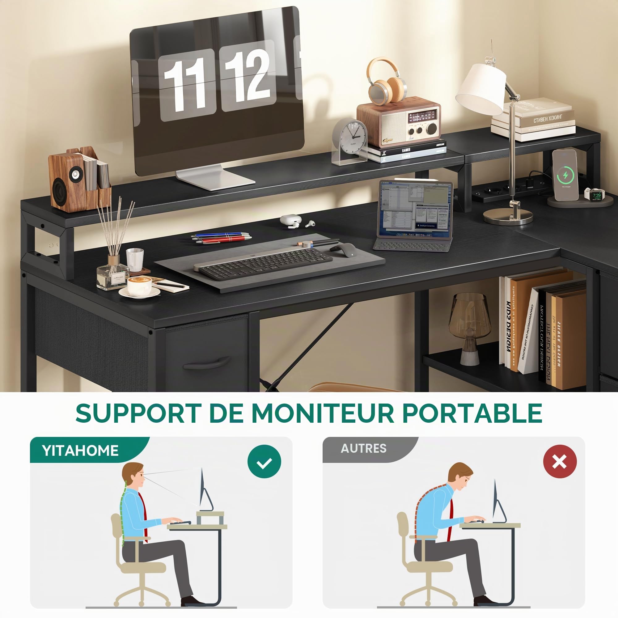 YITAHOME L Form Bureau avec Prise USB 4 Tiroirs Réversible 140x100cm Noir