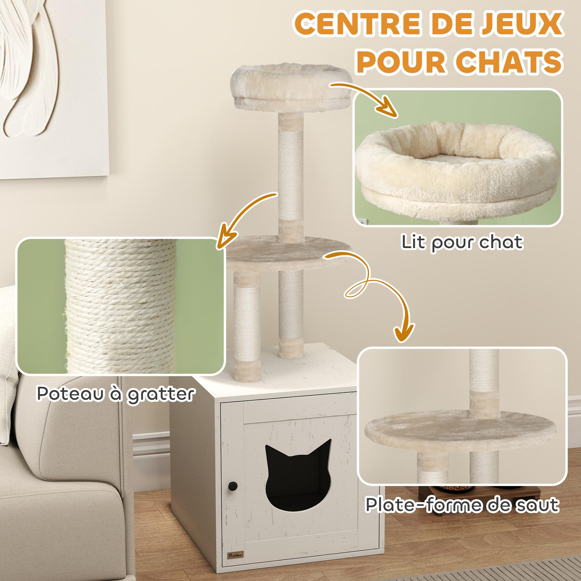 PawHut Tiragraffi per Gatti con casa di Servizi igienici, Torre di Gioco 2 in 1, Cuccia per Gatti da 129 cm con coprilettiera, Pali da graffiare, Piattaforma, Letto, Crema