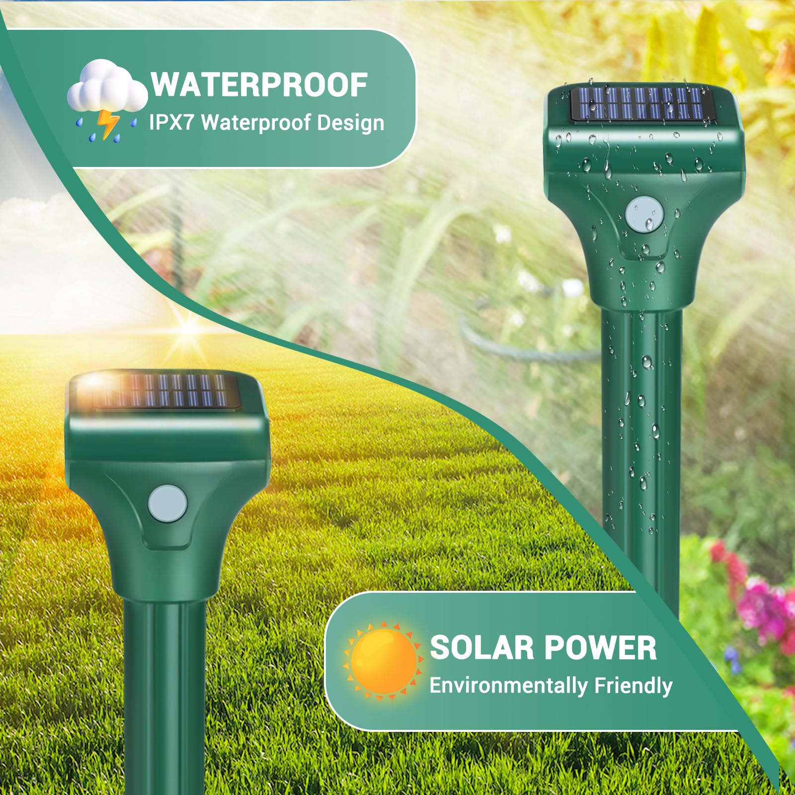 Confezione da 4 repellenti per talpe ad energia solare, IPX7, impermeabili, ad ultrasuoni, deterrente per talpe soniche da cortile, per sbarazzarsi di arvicole, scoiattoli, marmotte