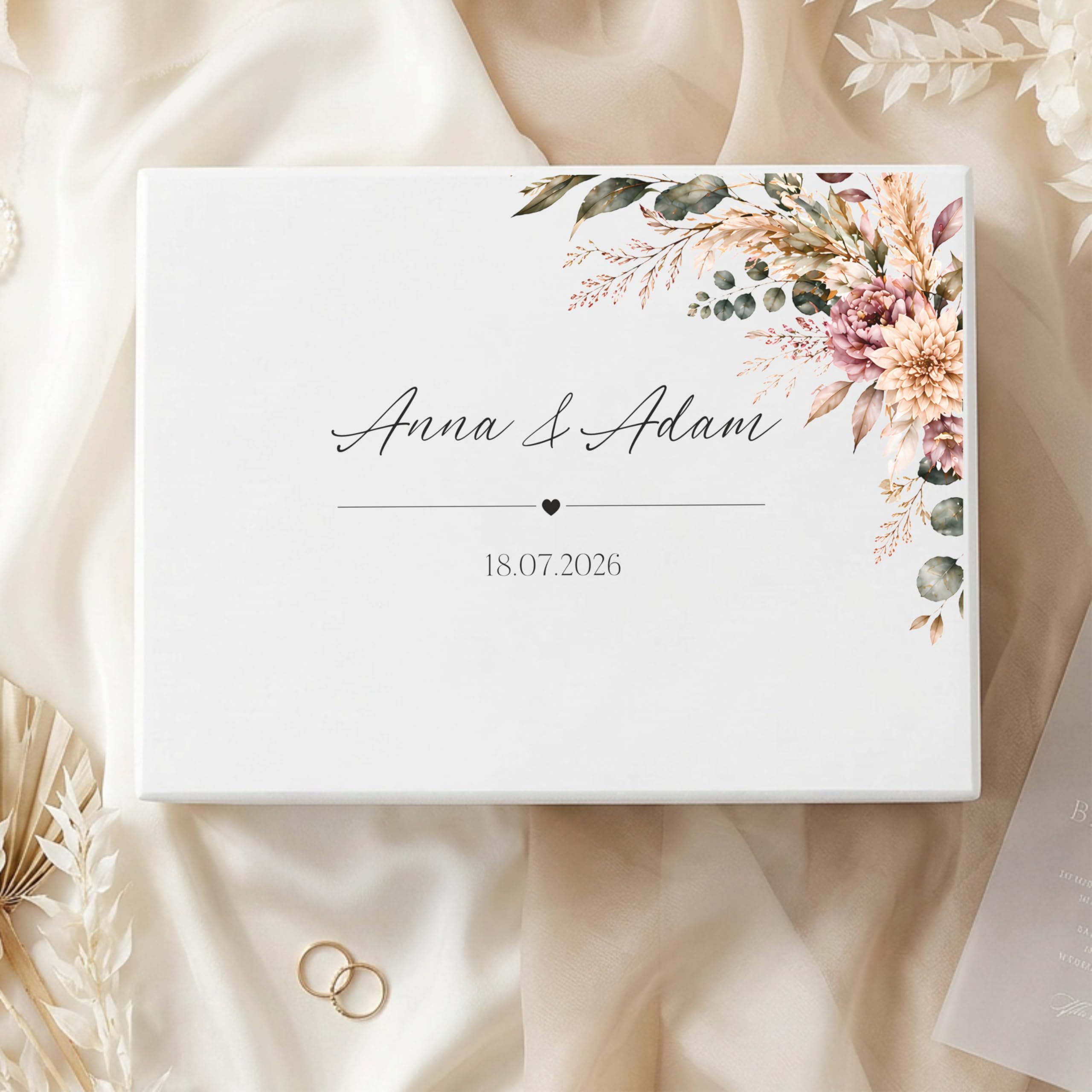 Creative DECO Personalizada Caja de Regalos Originales para los Novios Boda | Regalo Blanca | Caja Madera de Recuerdos Especiales | Parejas Aniversario Matrimonio | Motivo Flores Nombres Fecha