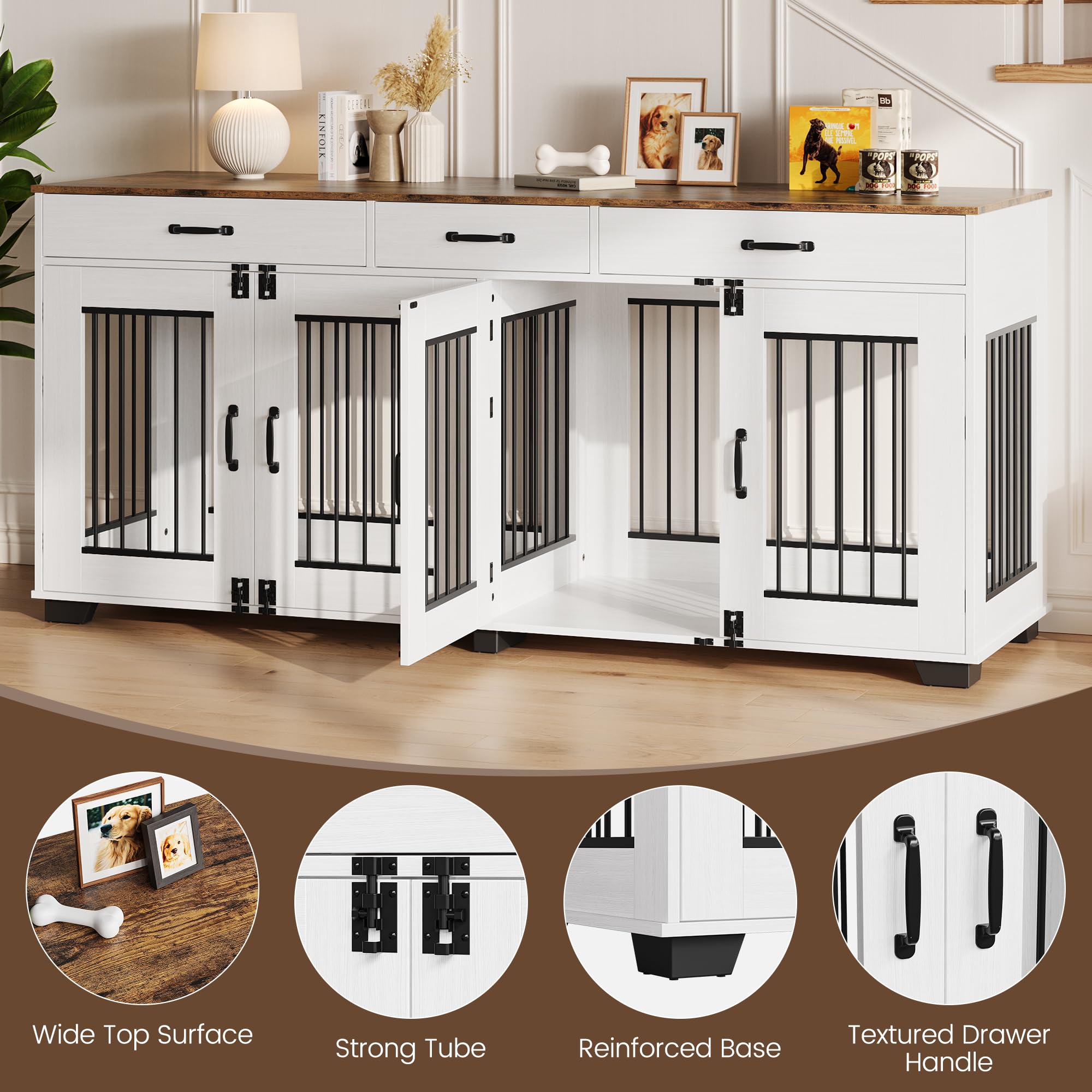 View of 71-Inch Large Dog Crate with 3 Drawers for 2 Dogs, Spacious Wooden ...