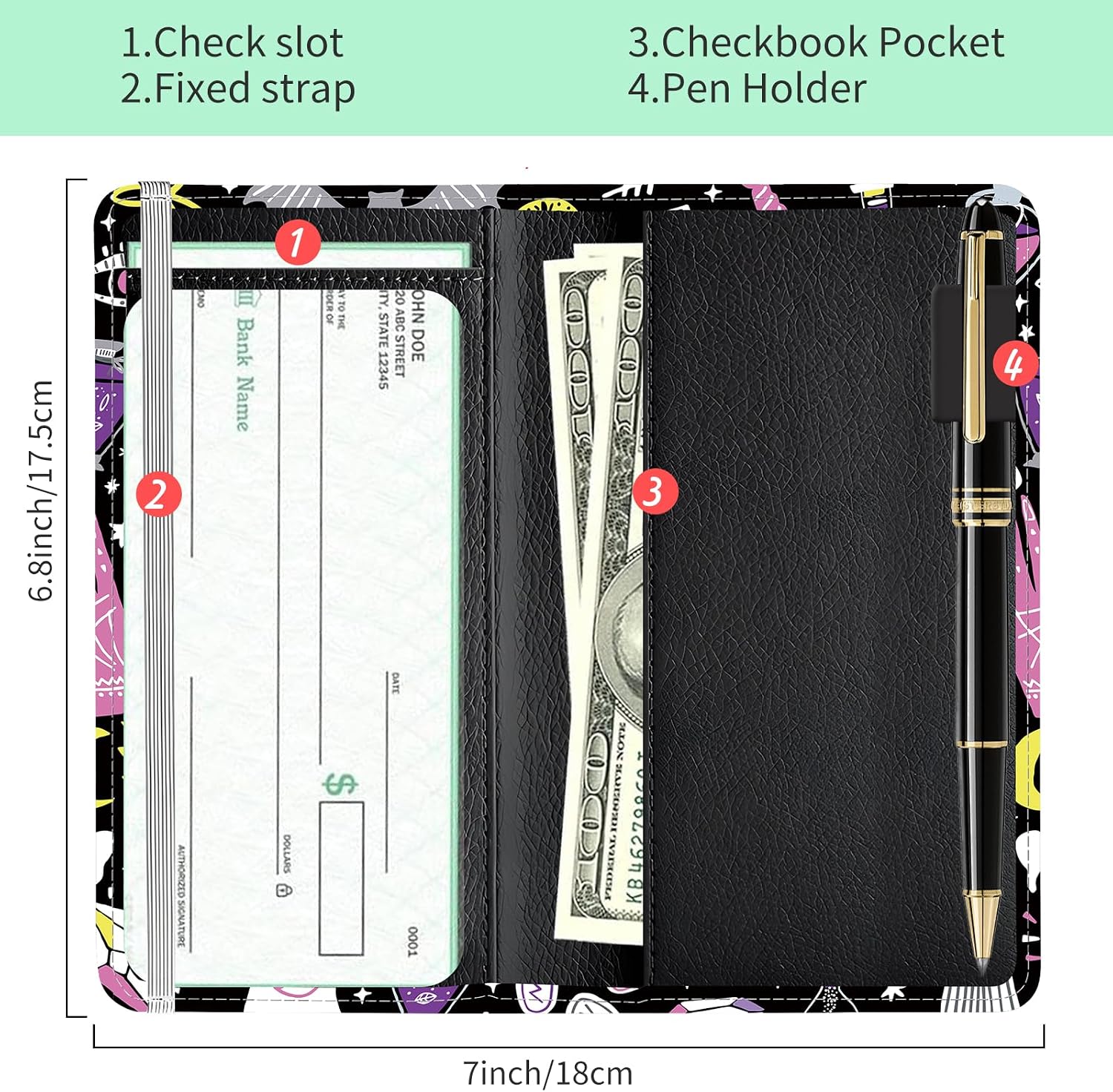 Checkbook Cover for Personal Checkbook, Cute PU Leather Check Book for Women & Men, Slim Checkbook Holder with Pen Holder and Built-in Clear Plastic Divider Mystic Goth Magic image 4