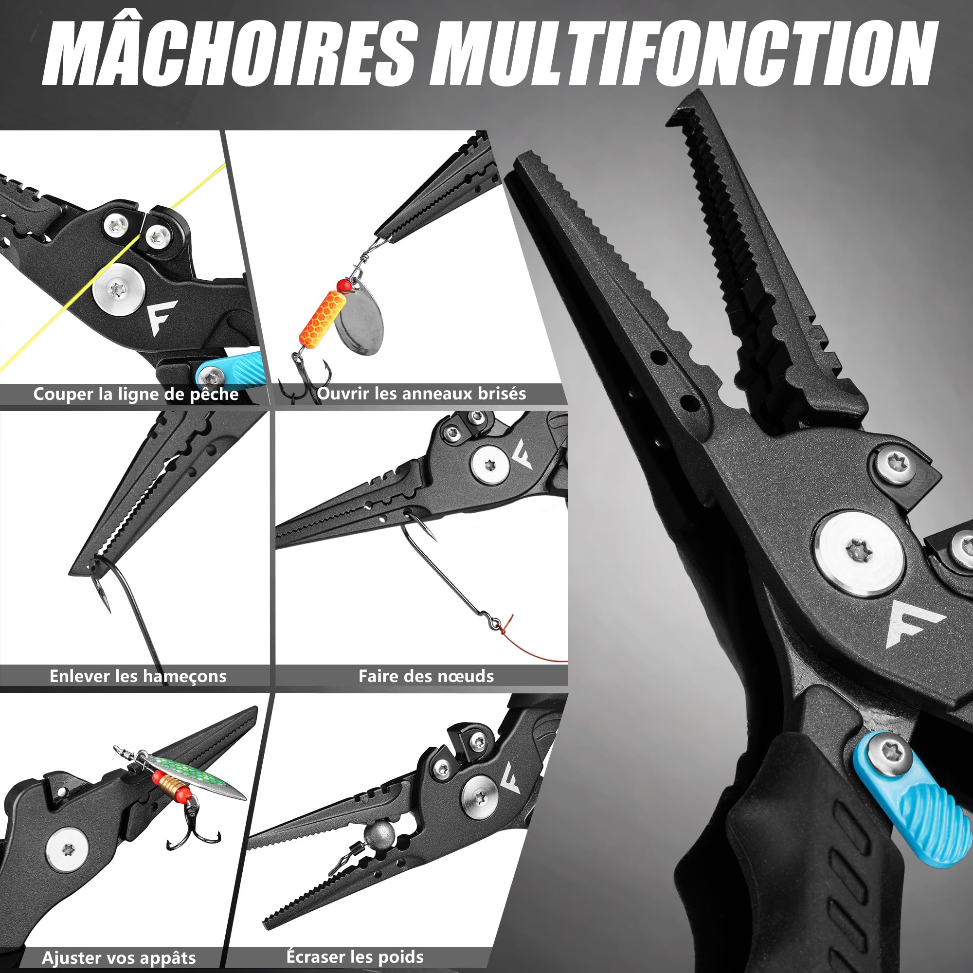FLISSA Pince de Pêche Multifonction, Pince Pêche 19 cm en Acier Inoxydable, Poignée TPR Antidérapante, Verrou de Sécurité, Mousqueton & Étui, Idéale Pêche Mer & Eau Douce