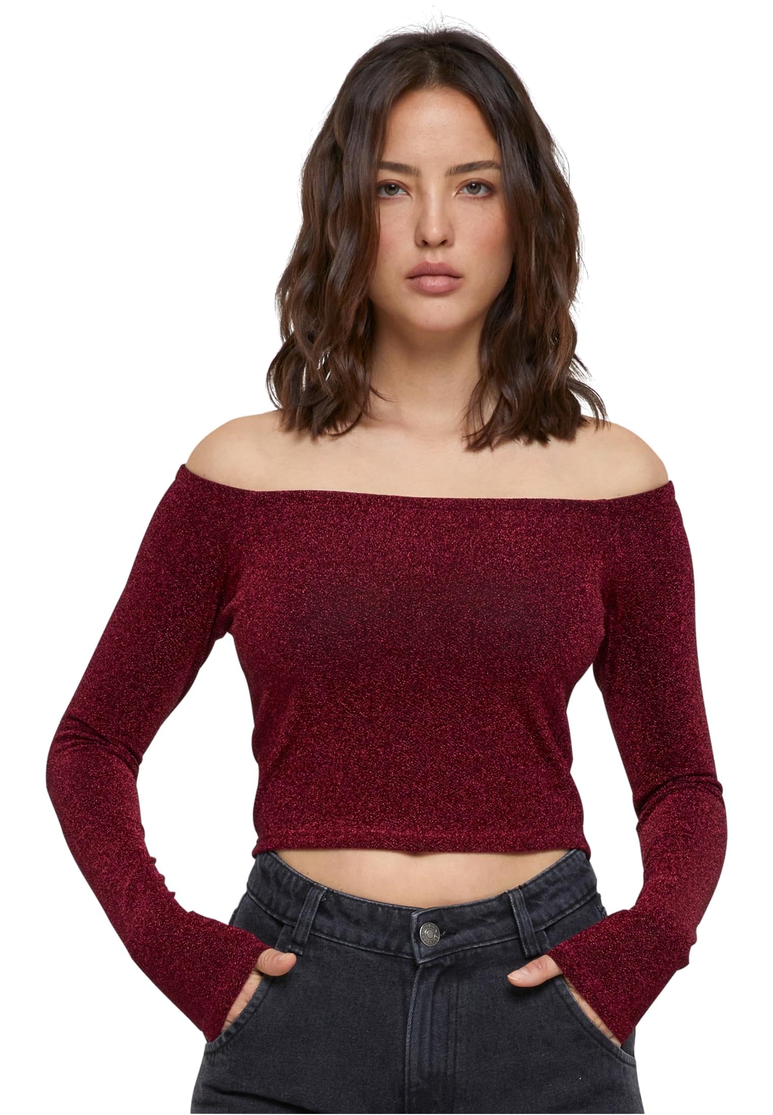 Urban Classics Women's Ladies Off Shoulder Glitter Longsleeve T-Shirt, Burgundy,