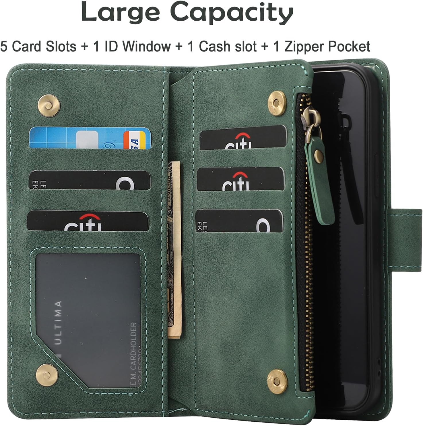 RANYOK Wallet Case for iPhone 15 (6.1 inch) with RFID Blocking Credit Card Holder, Premium PU Leather [Zipper Pocket] Flip Folio Wallet with Wrist Strap Kickstand Protective Case (Black Green) - Image 3