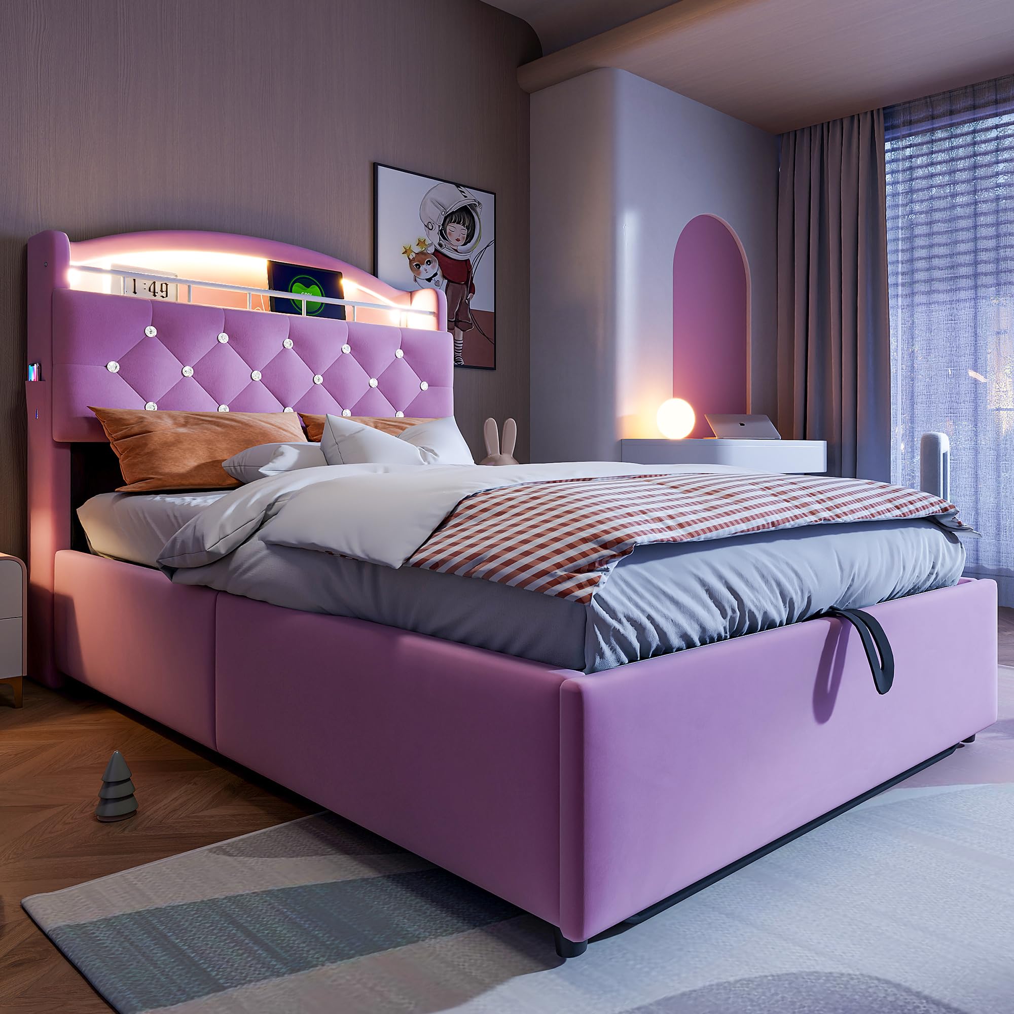 Letto imbottito per bambini,90x200cm,3 USB+C,illuminazione a LED,contenitore idraulico,contenitore e tasche laterali,letto multifunzionale,letto singolo,velluto,senza materasso,Rosa