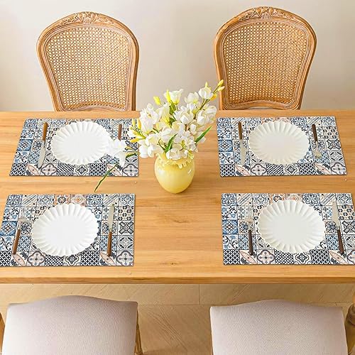 Miniatura 8 de Juego de 6 manteles individuales bohemios con diseño de mandala, lavables de dos caras, manteles individuales bohemios, tela de flores vintage para