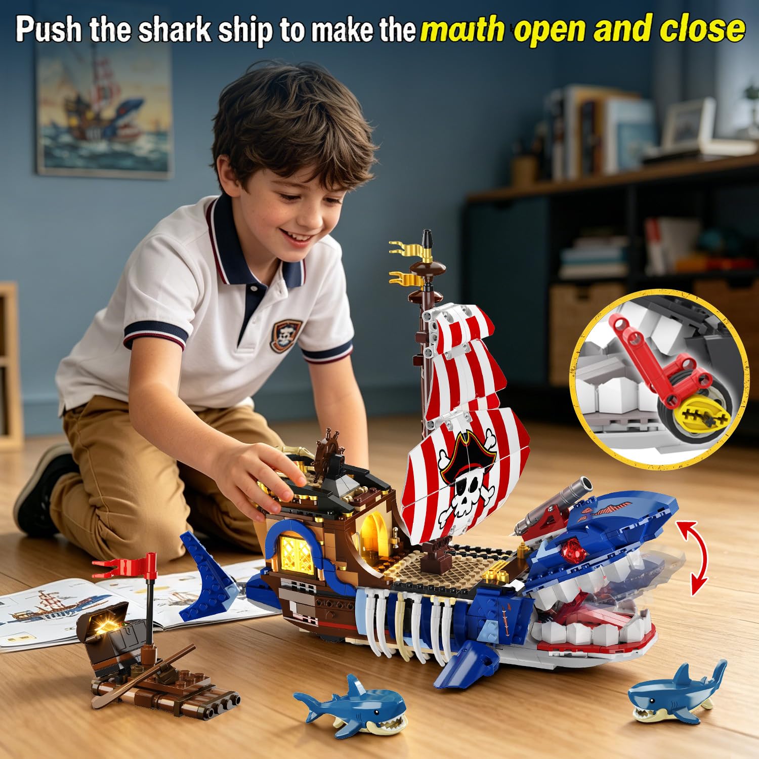 HiWEEGO Technik - Kit di costruzione a forma di nave pirata con luce LED, per bambini di 8 anni | 887 pezzi, oceano mobile, avventura, barca dei pirati, set di giocattoli con squalo, regalo per bambini da 8 a 12 anni in su