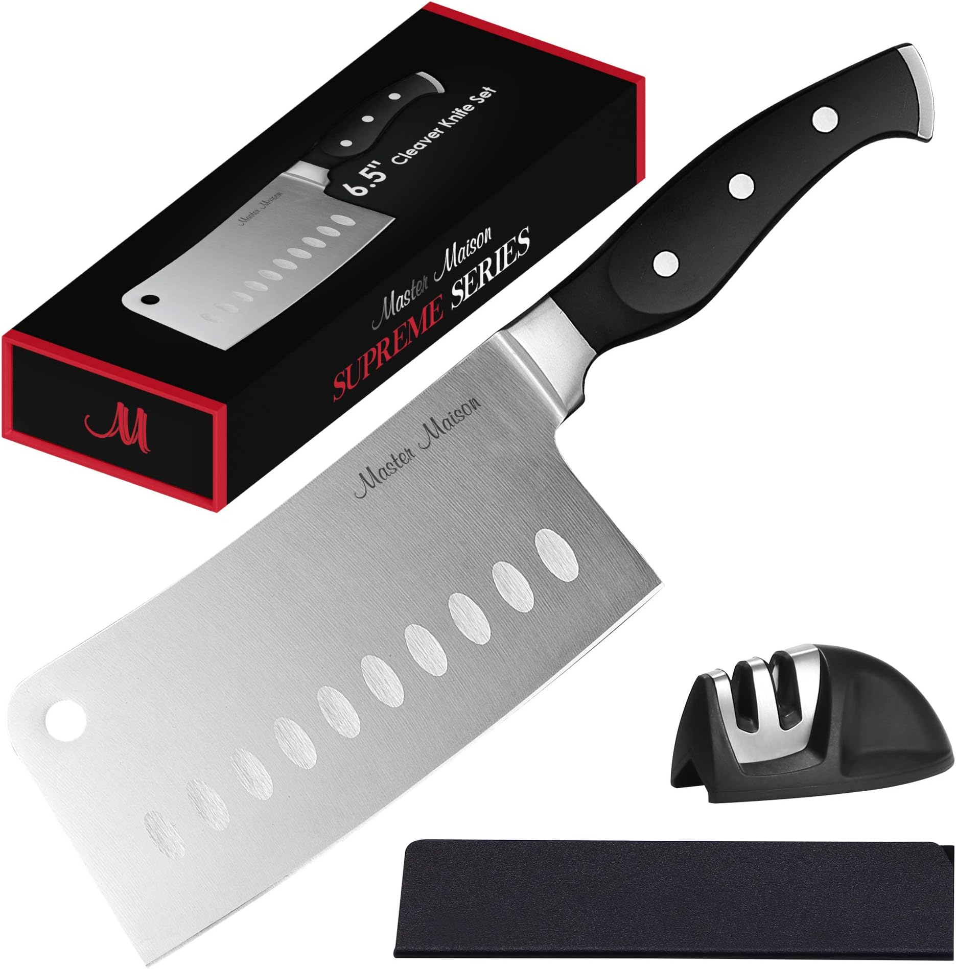 Master Maison 6.5 Inch Kitchen Meat Cleaver Knife Set - German Stainless Steel Blade with Edge Guard, Dual Sharpener, and Gift Box - Sharp Butcher Knife for Bone Cutting - Professional Chef Knife