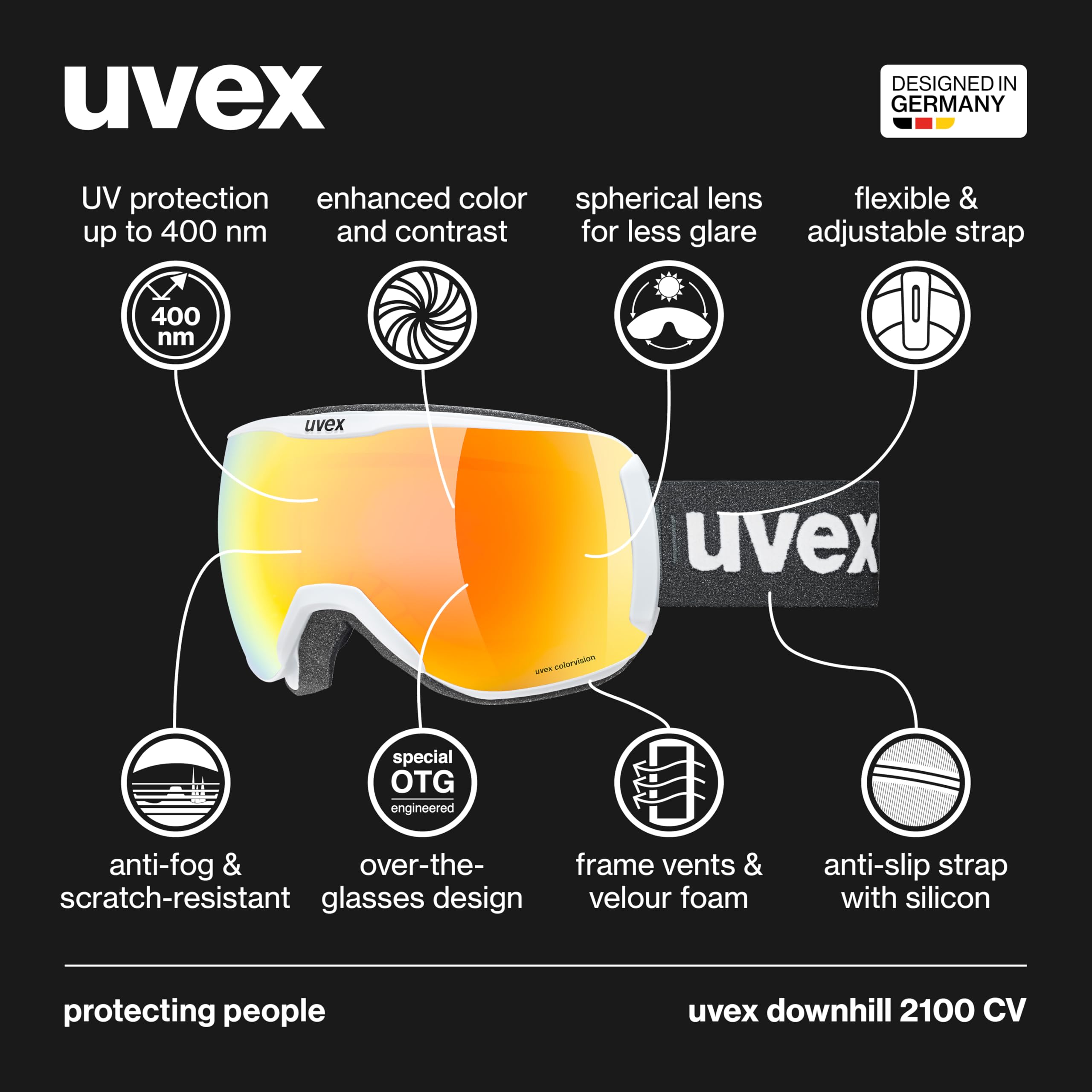 uvex downhill 2100 CV - Ski Goggles for Men and Women - Contrast Enhancement - Deformation & Anti-Fog - White Matt/Blue Green - One Size