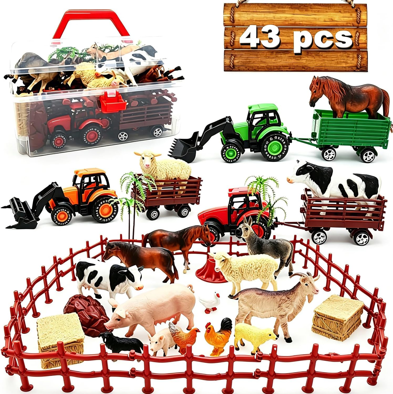 Kimicare 3 Pack Farm Toy Tractor with 40pcs Plastic Farm Animals Figurines and Fence Farm Playset, Farm Figures Farmer Vehicle Toy Truck with Trailer Birthday Gifts Christmas Stocking Stuffers