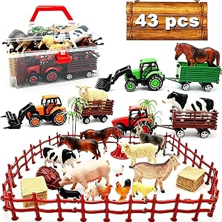 Kimicare 3 Pack Farm Toy Tractor with 40pcs Plastic Farm Animals Figurines and Fence Farm Playset, Farm Figures Farmer Vehicle Toy Truck with Trailer Birthday Gifts Christmas Stocking Stuffers