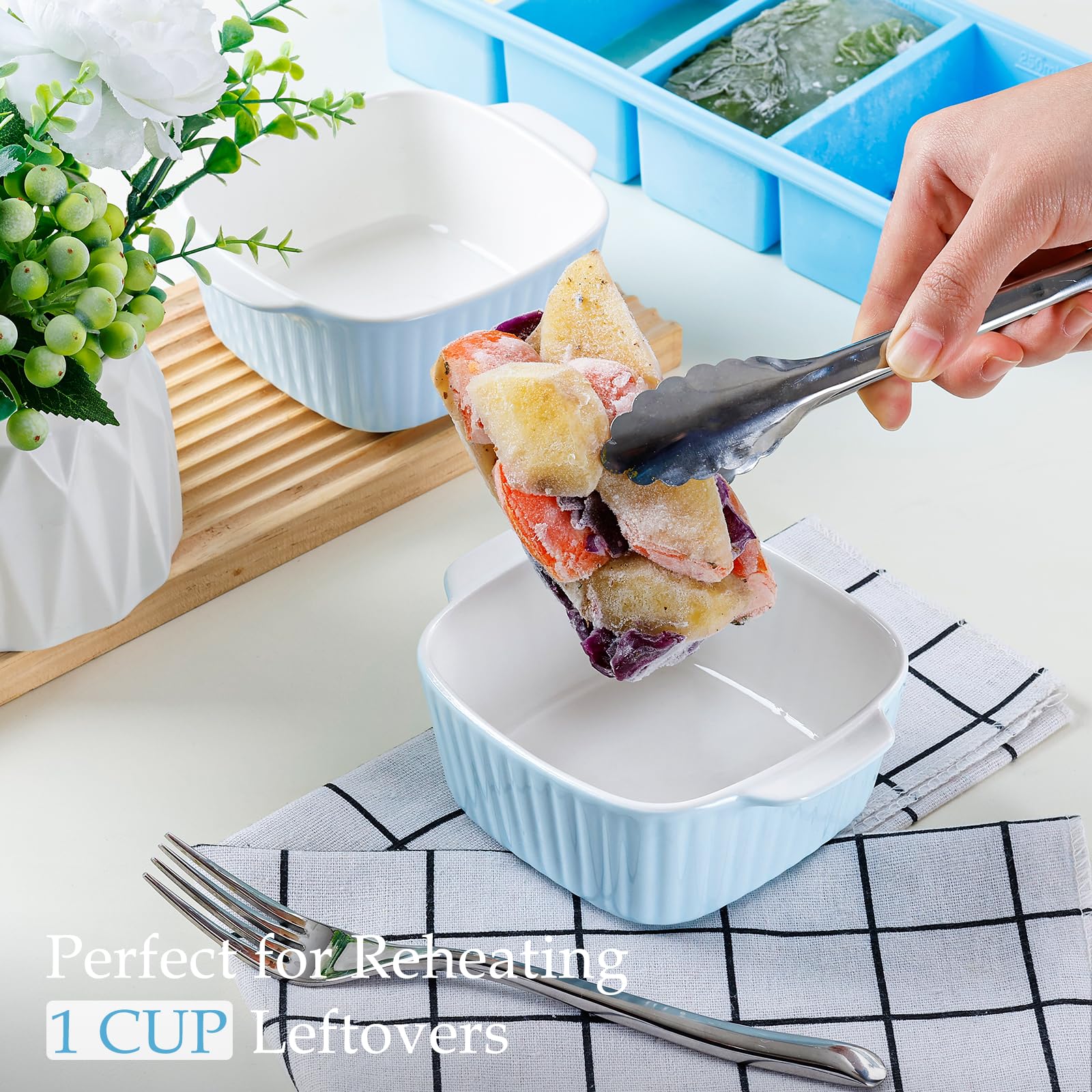 NUTRIUPS Zestaw 4 ceramicznych naczyń do pieczenia 13 uncji, kwadratowe naczynia do pieczenia, małe naczynie do pieczenia 400 ml do fritkownicy, ceramiczne naczynia do pieczenia z uchwytami