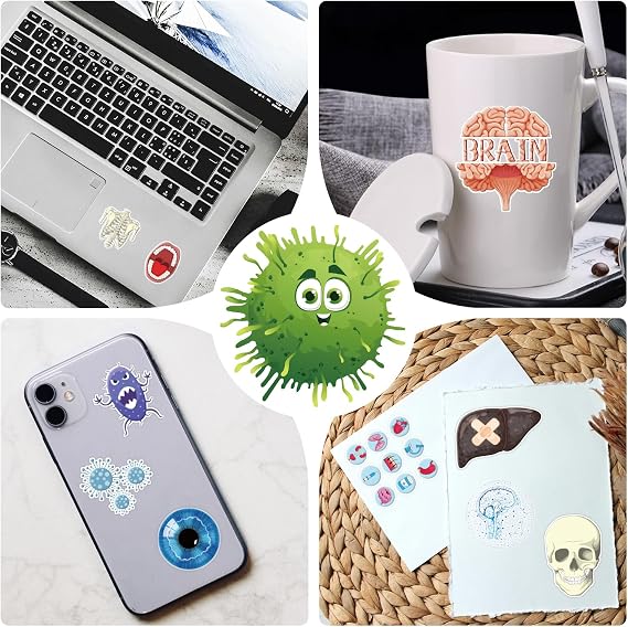 Funny Realistic Human Organs Stickers - 100 Pcs Biology Heart Skeleton Doctor Anatomy Bulk Stickers for Nurse Teacher, Cute Microbiology Decals for Water Bottle Journal Scrapbook Creative Decoration