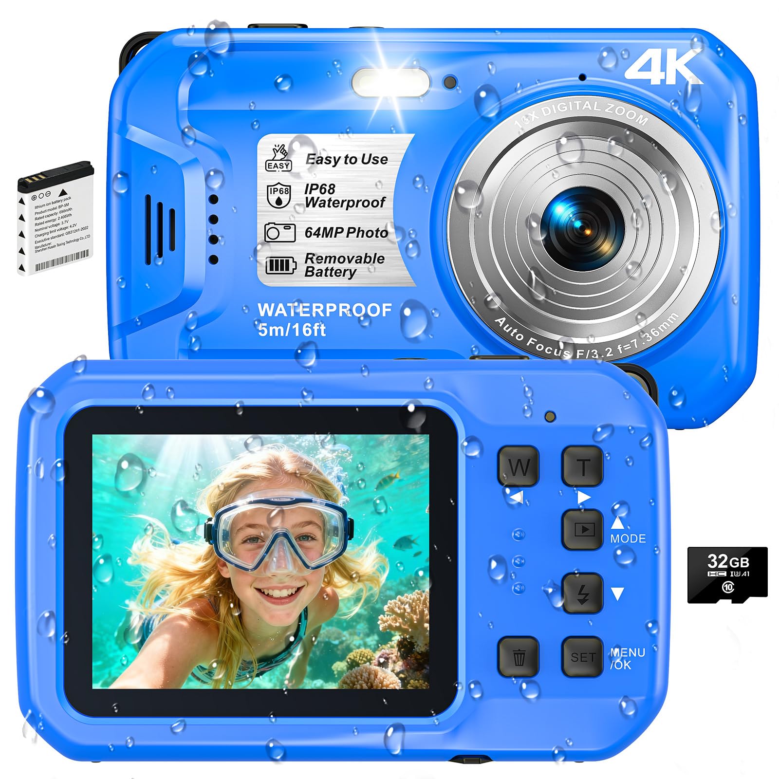 Unterwasserkamera, 4K 64MP 16FT wasserdichte Digitalkamera