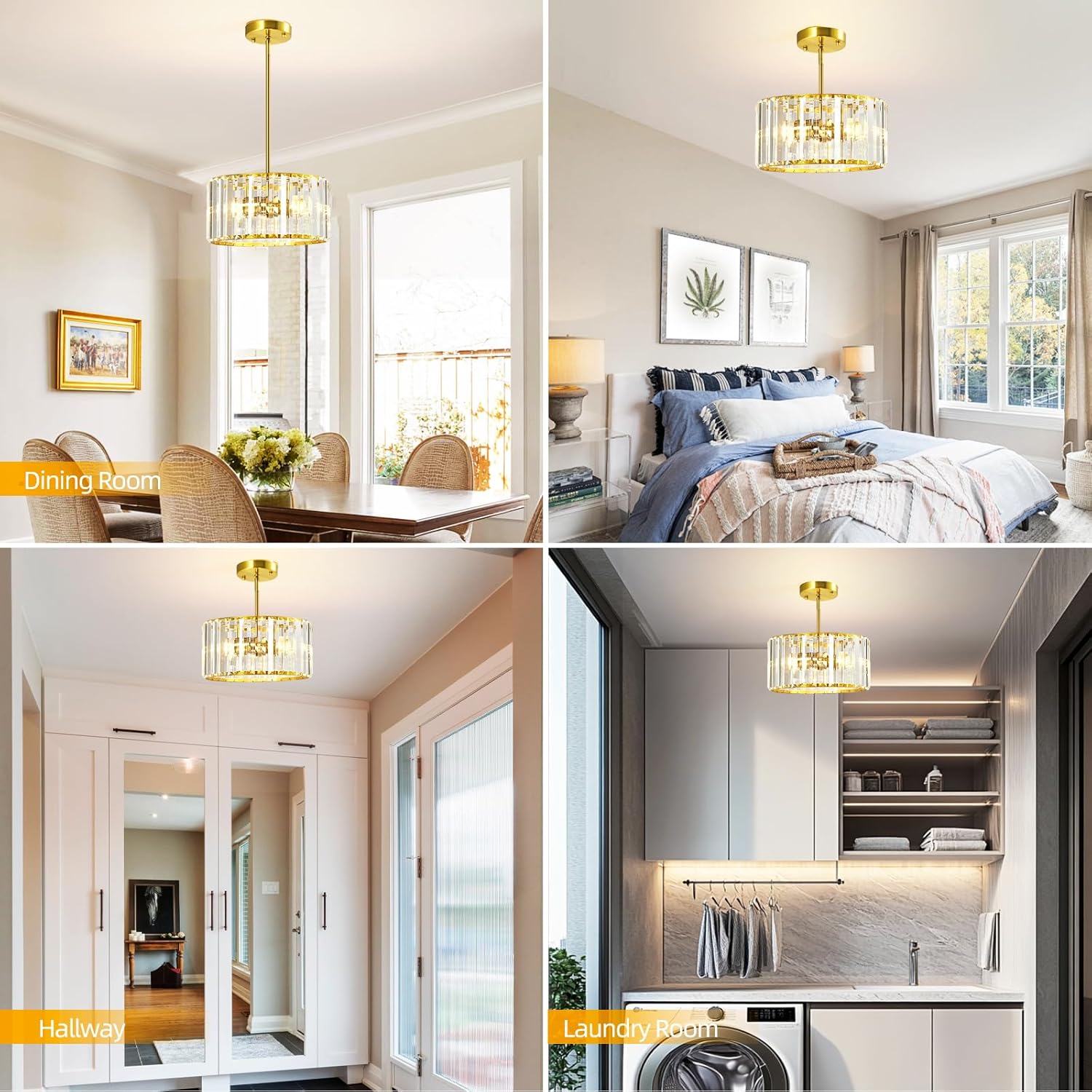 Gold Crystal Ceiling Light, Modern Semi Flush Mount Ceiling Lighting Fixture, Round Hallway Lighting Fixtures Chandelier Pendent Light for Foyer Kitchen Entryway Bedroom Dining Room, 3-Light,11.8Inch